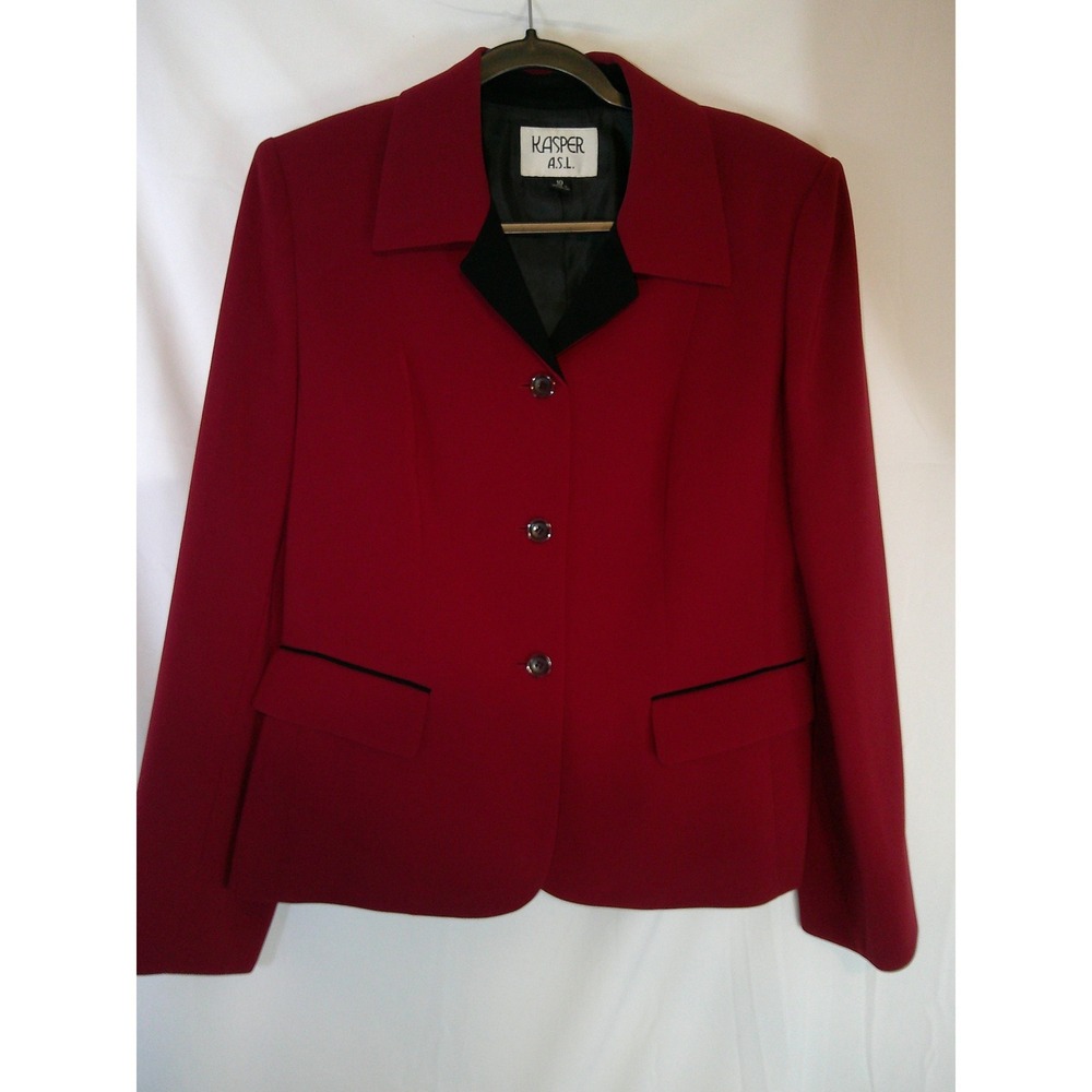 Kasper ASL Red Blazer Jacket Velvet Trim‎ Button Front Lined Womens Size 10